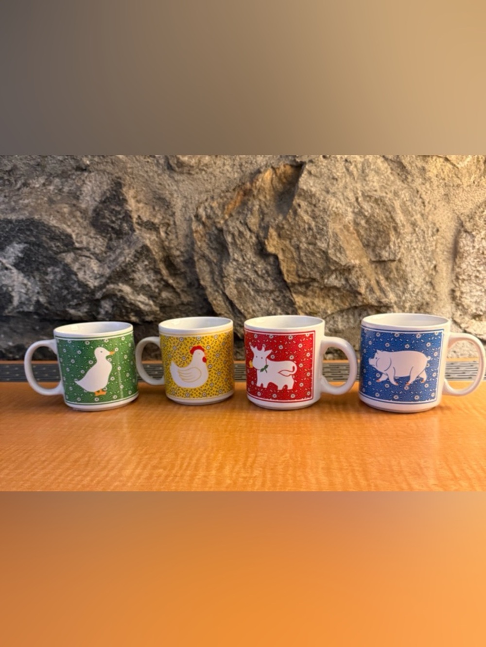 VTG Country Calico Whimsy Set of 4 Farm Animal Mugs - Cow, Pig, Chicken, Goose